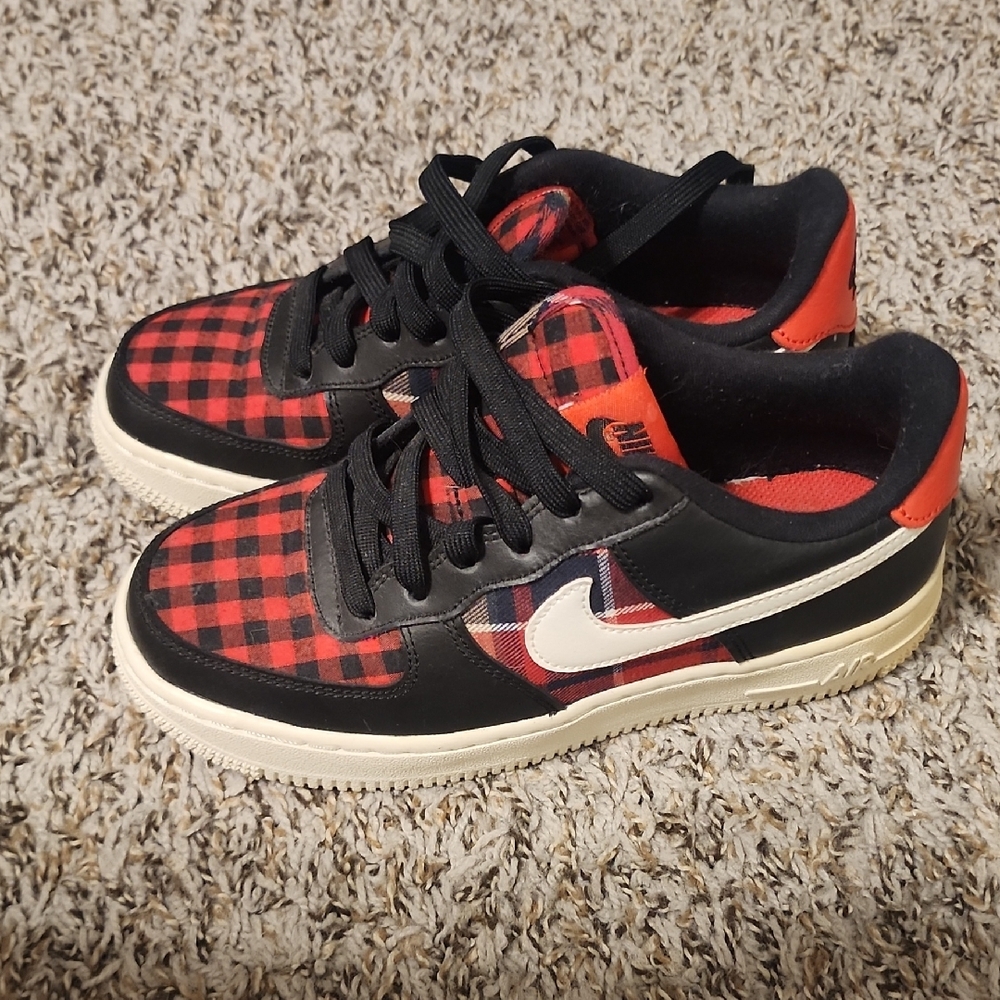 Nike Air Force 1 Black and Red Plaid Sneakers